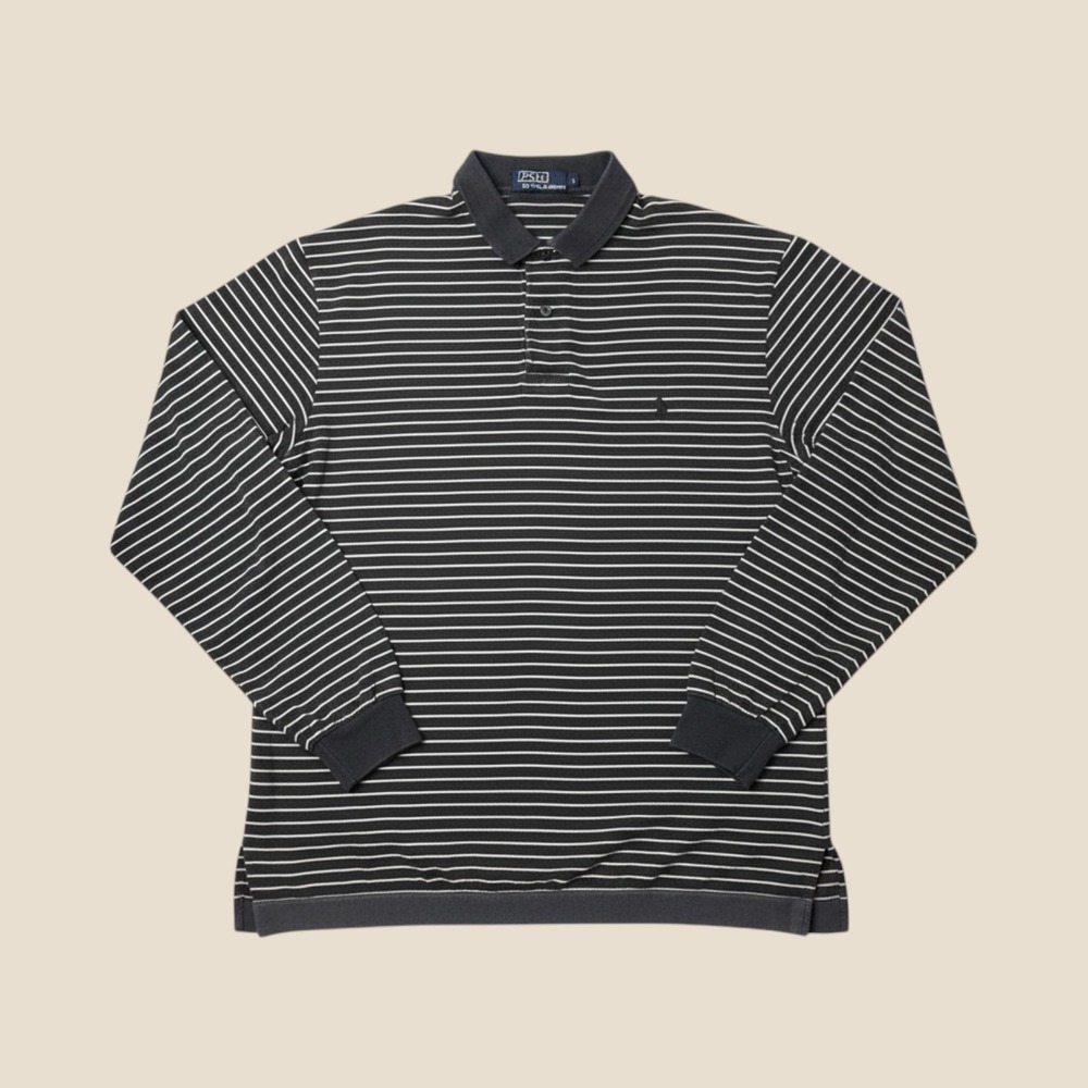 Polo Ralph Lauren Polo Shirt Mens L Long Sleeve Black White Striped Pony Logo